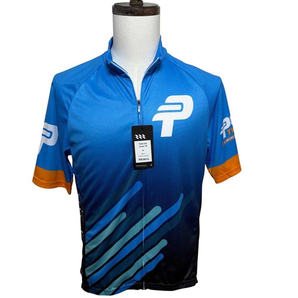 NEW Primal Cycling Jersey Mens Large Blue Pedal the Cause 25 Short Sleeve Biking